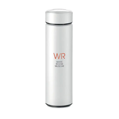Balon cu perete dublu de 425 ml sticla termoizolanta argintie cu design cilindric si logo wr white room museum portocaliu si negru