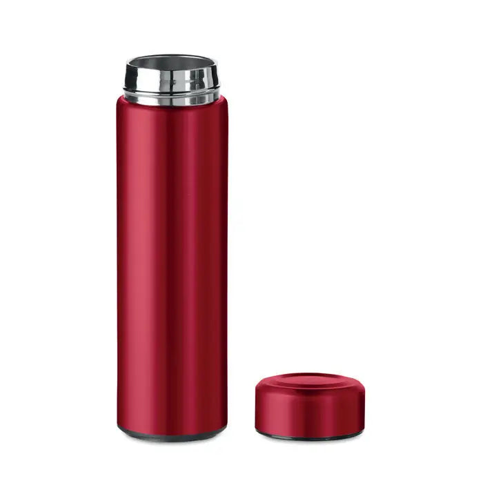 Balon cu perete dublu de 425 ml din metal roșu cu capac argintiu etanș izolat termic