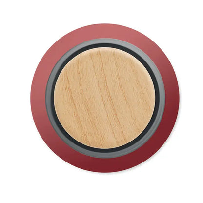 Balon cu perete dublu de 500 ml cu buton circular din lemn natur si inel rosu mat cu margine neagra fina