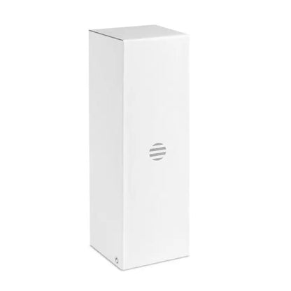 Balon cu perete dublu de 500 ml alb cu logo circular gri subtil cu dungi orizontale pe cutie dreptunghiulara