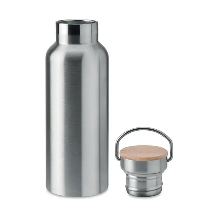 Balon cu perete dublu de 500 ml din otel inoxidabil periat cu capac din bambus si maner metalic minimalist