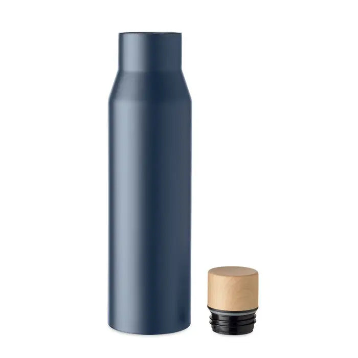 Balon cu perete dublu de 500 ml albastru închis din oțel inoxidabil cu capac de plută finisaj lemn natural