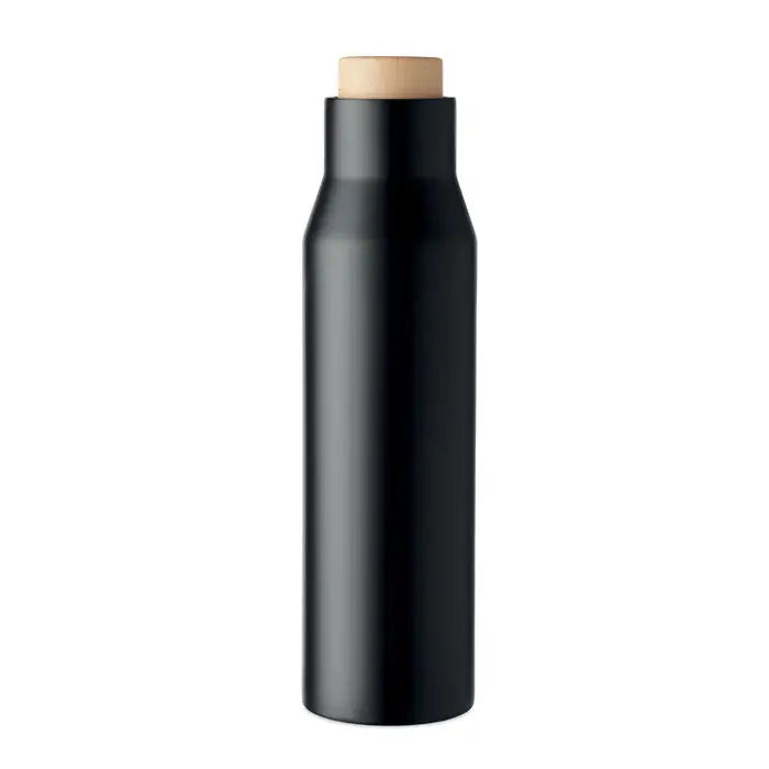 Balon cu perete dublu de 500 ml cu finisaj negru mat si capac de lemn deschis la culoare