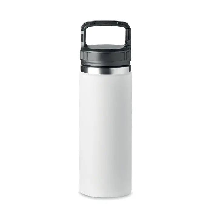 Balon cu perete dublu de 500 ml, sticla izolanta alba cu maner si capac negru si banda metalica eleganta