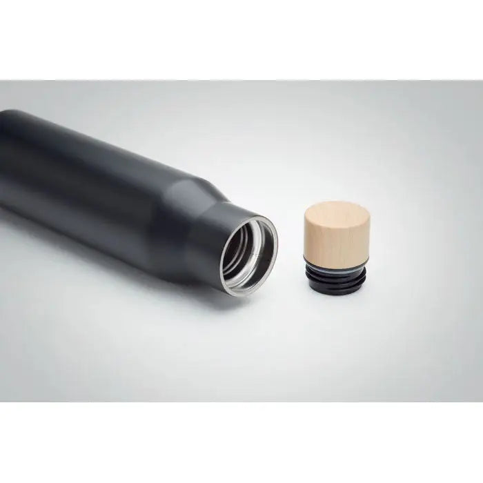 Balon cu perete dublu de 500 ml negru cu capac insulat negru și finisaj lemn natural
