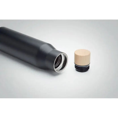 Balon cu perete dublu de 500 ml negru cu capac insulat negru și finisaj lemn natural