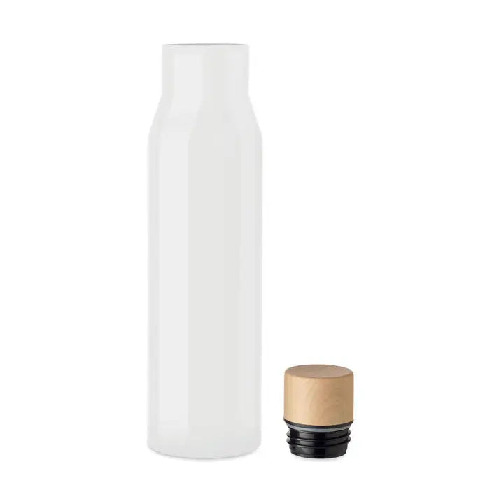 Balon cu perete dublu de 500 ml alb cu capac din lemn natural izolator si inel de etansare negru