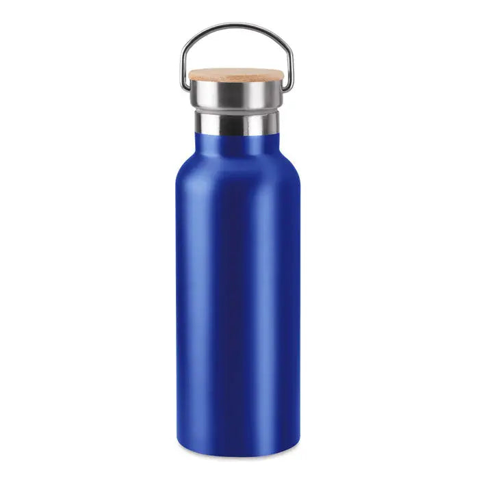 Balon cu perete dublu de 500 ml albastru metalizat cu capac de lemn si maner argintiu din metal