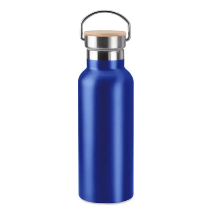 Balon cu perete dublu de 500 ml albastru metalizat cu capac de lemn si maner argintiu din metal