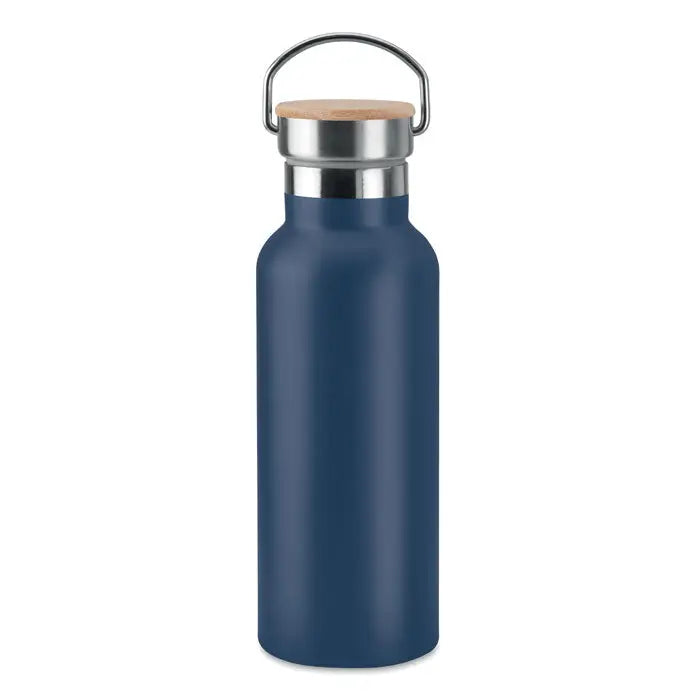 Balon cu perete dublu de 500 ml albastru marin izolat cu capac de lemn si maner din inox