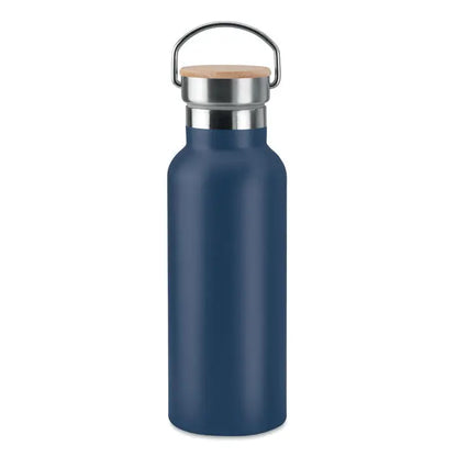 Balon cu perete dublu de 500 ml albastru marin izolat cu capac de lemn si maner din inox
