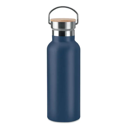 Balon cu perete dublu de 500 ml albastru marin izolat cu capac de lemn si maner din inox