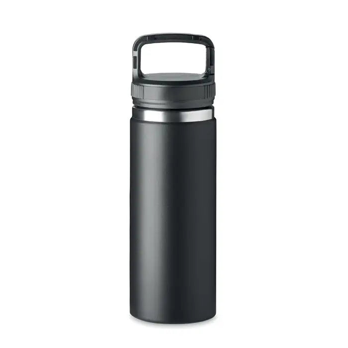 Balon cu perete dublu negru de 500 ml izolat, cu margine argintie si maner negru pentru bauturi la temperatura optima