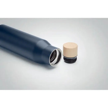 Balon cu perete dublu de 500 ml sticlă termică albastru închis cu capac finisaj lemn deschis