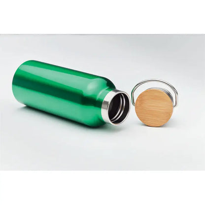 Balon cu perete dublu verde metalizat de 500 ml cu capac din bambus si accente din inox