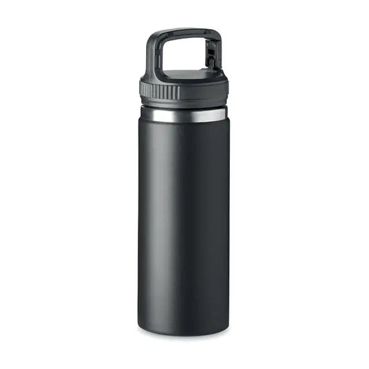 Balon cu perete dublu negru de 500 ml cu margine argintie si capac cu maner negru izolator