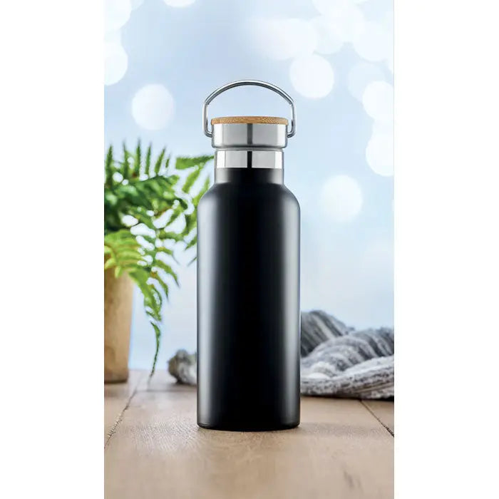 Balon cu perete dublu de 500 ml sticla neagra mata din otel inoxidabil cu maner argintiu si capac de pluta