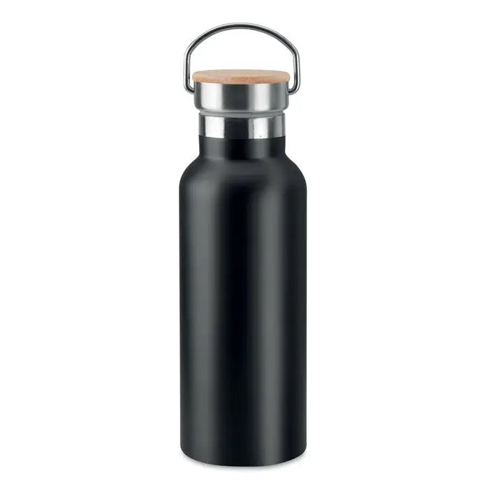 Balon cu perete dublu de 500 ml cu bidon negru mat din otel inoxidabil si capac din lemn cu maner metalic argintiu