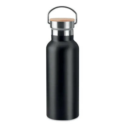 Balon cu perete dublu de 500 ml cu bidon negru mat din otel inoxidabil si capac din lemn cu maner metalic argintiu