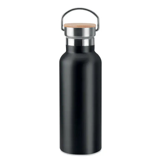 Balon cu perete dublu de 500 ml cu bidon negru mat din otel inoxidabil si capac din lemn cu maner metalic argintiu
