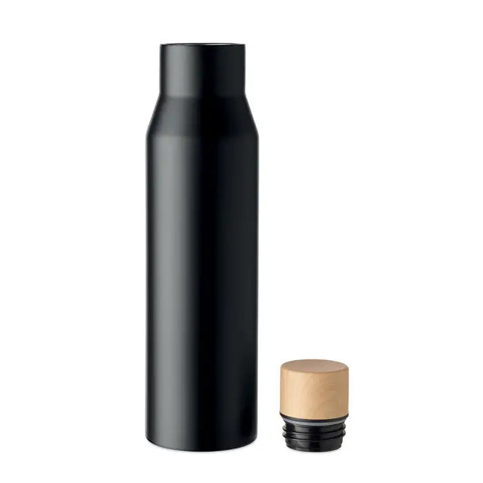 Balon cu perete dublu de 500 ml sticla neagra mat din otel inoxidabil cu capac cu aspect lemn deschis
