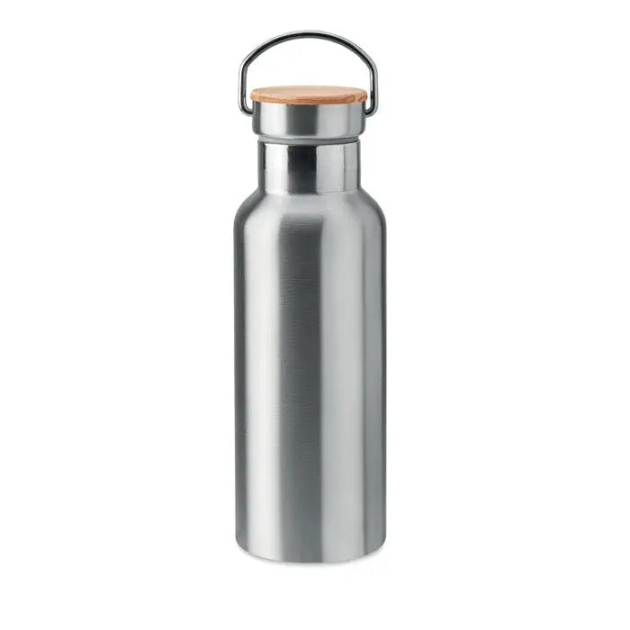 Balon cu perete dublu de 500 ml din otel inoxidabil argintiu cu capac din lemn si maner metalic