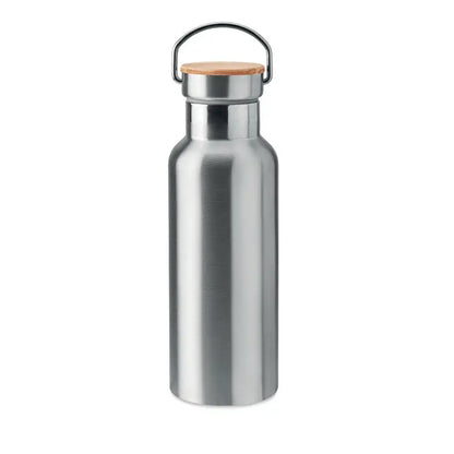 Balon cu perete dublu de 500 ml din otel inoxidabil argintiu cu capac din lemn si maner metalic