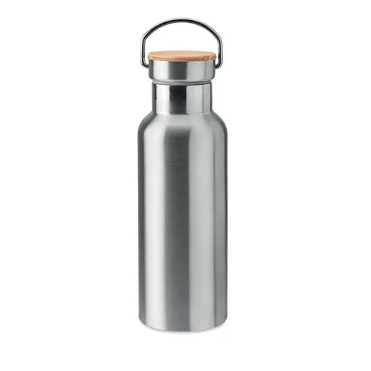 Balon cu perete dublu de 500 ml din otel inoxidabil argintiu cu capac din lemn si maner metalic