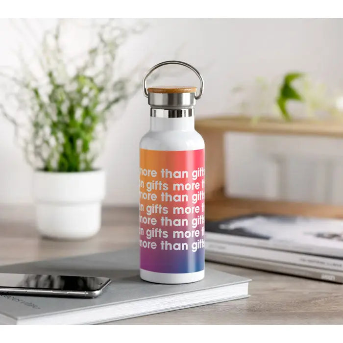 Balon cu perete dublu de 500 ml alb din otel inoxidabil cu capac din bambus si design curcubeu cu textul more than gifts