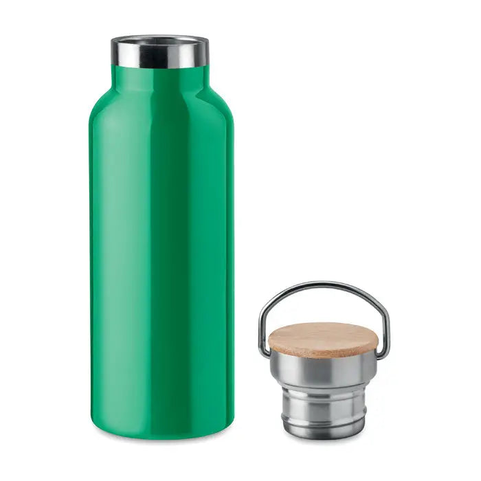Balon cu perete dublu de 500 ml sticla verde vibrant din otel inoxidabil cu capac argintiu si capac separat cu lemn si maner metalic