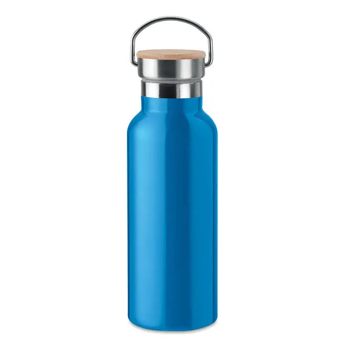 Balon cu perete dublu de 500 ml albastru din otel inoxidabil cu capac de lemn si toarta metalica