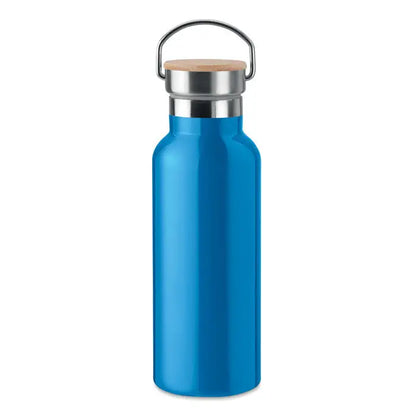 Balon cu perete dublu de 500 ml albastru din otel inoxidabil cu capac de lemn si toarta metalica
