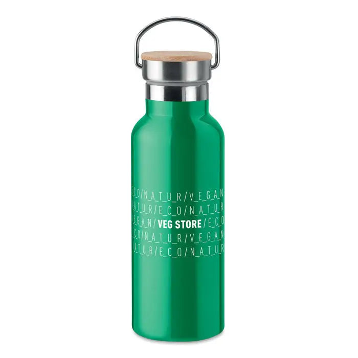 Balon cu perete dublu de 500 ml sticla verde din otel inoxidabil cu capac de pluta si maner metalic eco vegan veg store