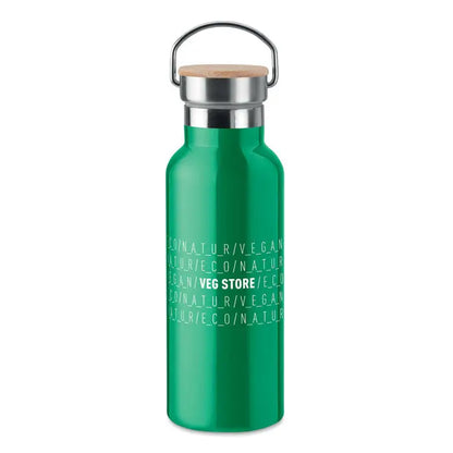 Balon cu perete dublu de 500 ml sticla verde din otel inoxidabil cu capac de pluta si maner metalic eco vegan veg store