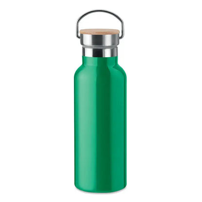 Balon cu perete dublu de 500 ml sticla verde din otel inoxidabil cu capac de lemn si maner metalic
