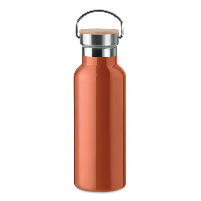 Balon cu perete dublu de 500 ml sticla din otel inoxidabil cu culoare cupru capac din lemn si maner metalic