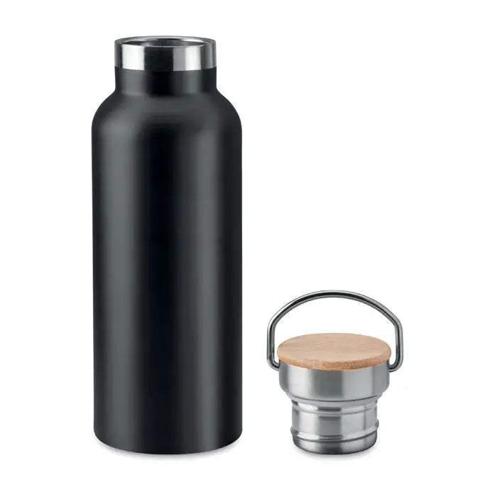 Balon cu perete dublu de 500 ml din otel inoxidabil negru mat cu capac argintiu si capac separat cu maner din lemn