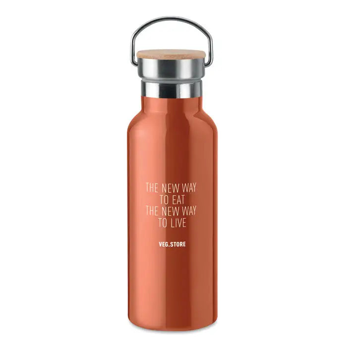 Balon cu perete dublu de 500 ml din otel inoxidabil cupru cu capac din lemn si maner metalic cu text alb veg.store
