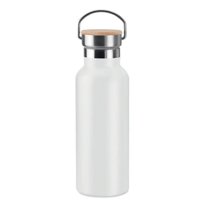 Balon cu perete dublu de 500 ml alb mat din oțel inoxidabil cu capac din lemn și buclă metalică pentru transport