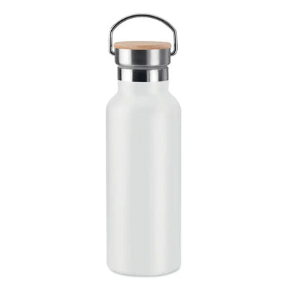 Balon cu perete dublu de 500 ml alb mat din oțel inoxidabil cu capac din lemn și buclă metalică pentru transport