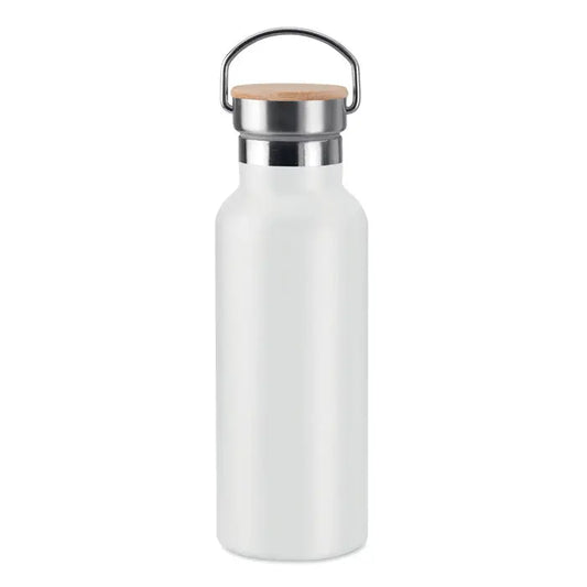 Balon cu perete dublu de 500 ml alb mat din oțel inoxidabil cu capac din lemn și buclă metalică pentru transport
