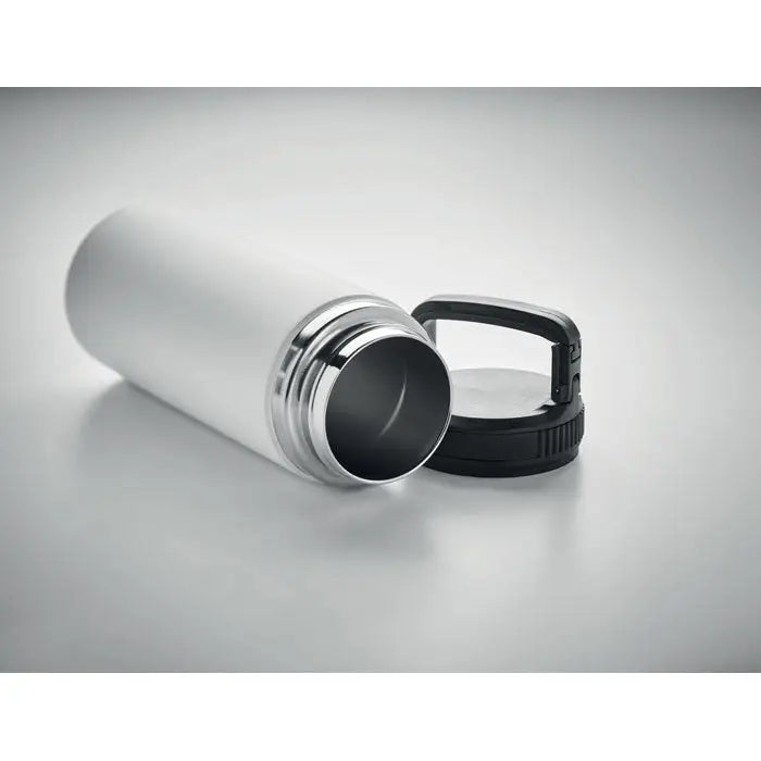 Balon cu perete dublu de 500 ml alb cu capac negru cu filet si maner integrat pentru o prindere sigura