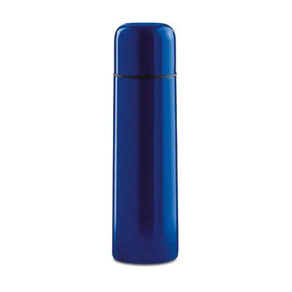 Balon cu perete dublu de 500 ml albastru regal izolat, cu capac asortat si banda neagra subtila