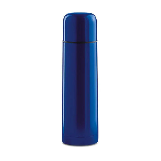Balon cu perete dublu de 500 ml albastru regal izolat, cu capac asortat si banda neagra subtila