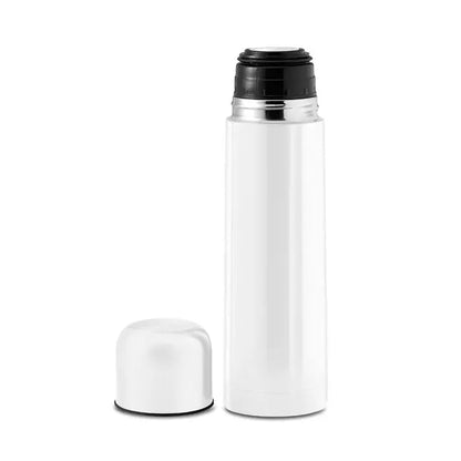 Balon cu perete dublu de 500 ml alb izolat cu capac negru infiletabil si accente metalice argintii