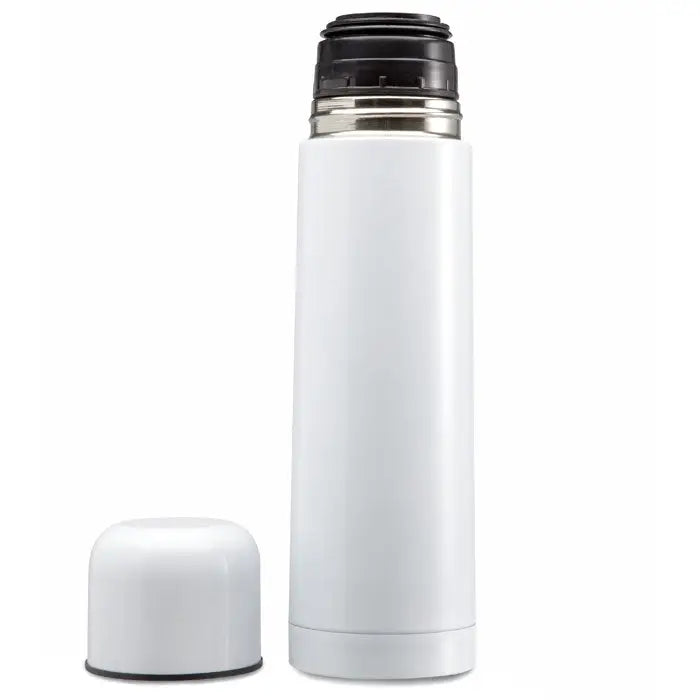 Balon cu perete dublu de 500 ml termoizolant alb cu capac negru infiletabil si bandă metalică argintie