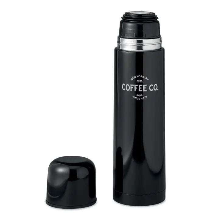 Balon cu perete dublu de 500 ml termos negru izolat cu bandă argintie și branding coffee co pentru băuturi calde