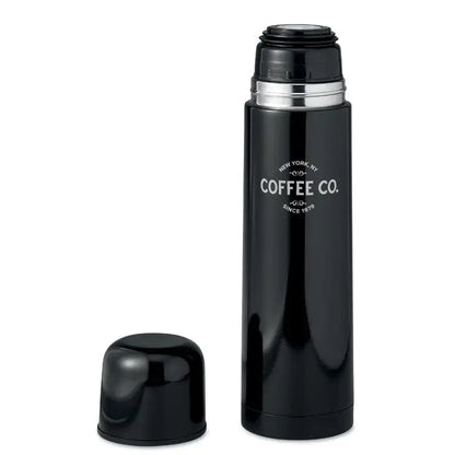 Balon cu perete dublu de 500 ml termos negru izolat cu bandă argintie și branding coffee co pentru băuturi calde