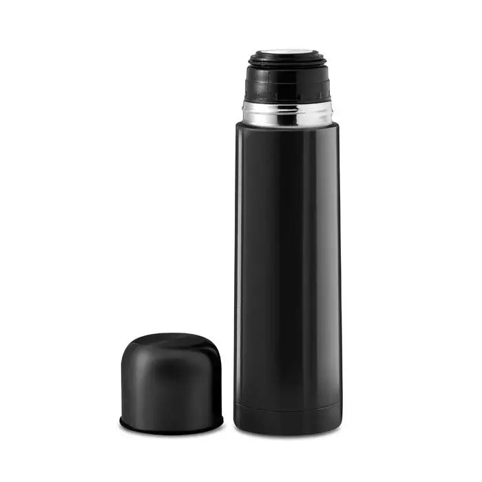 Balon cu perete dublu de 500 ml termos negru izolat cu corp cilindric si capac negru asezat langa el