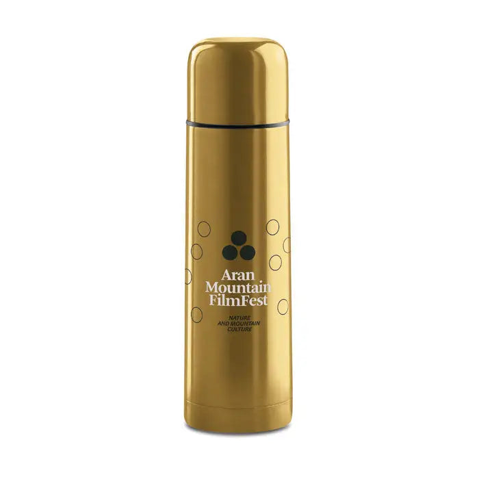 Balon cu perete dublu de 500 ml din otel inoxidabil auriu cu design cilindric si logo aran mountain filmfest